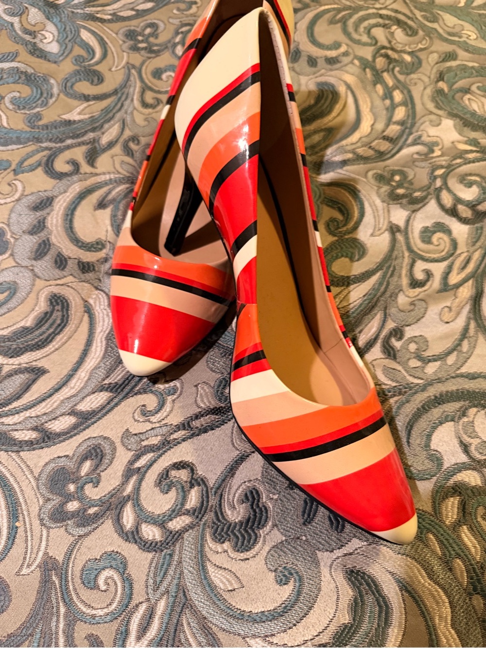 INC International Concepts Red, Orange, Cream & Black Striped Pointed-Toe Pumps
